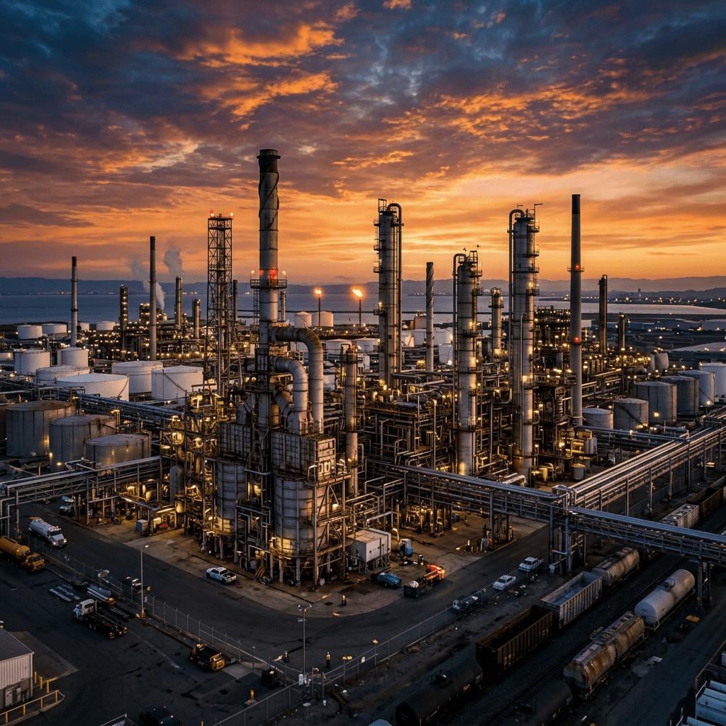 Vista aérea de un complejo petroquímico al atardecer, con torres de proceso y tanques de almacenamiento